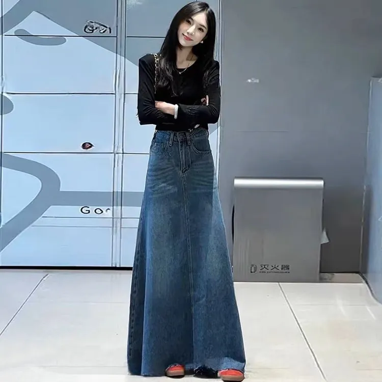 2025年秋季新款高腰显瘦牛仔半身裙女中长款A字裙百搭大摆裙子女