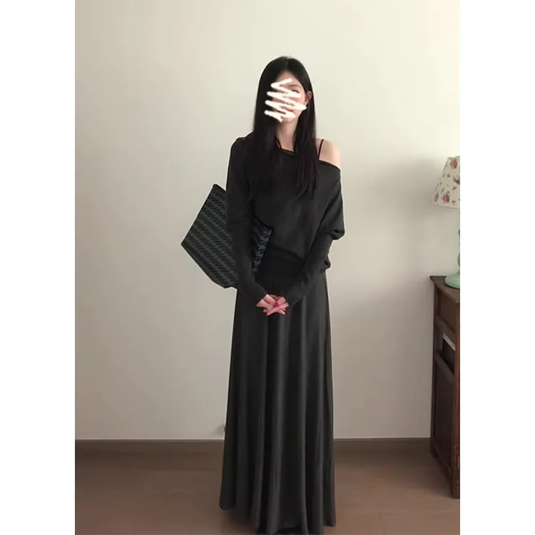 2025秋季新款女法式气质露肩长袖针织上衣垂坠感高腰显瘦半身裙
