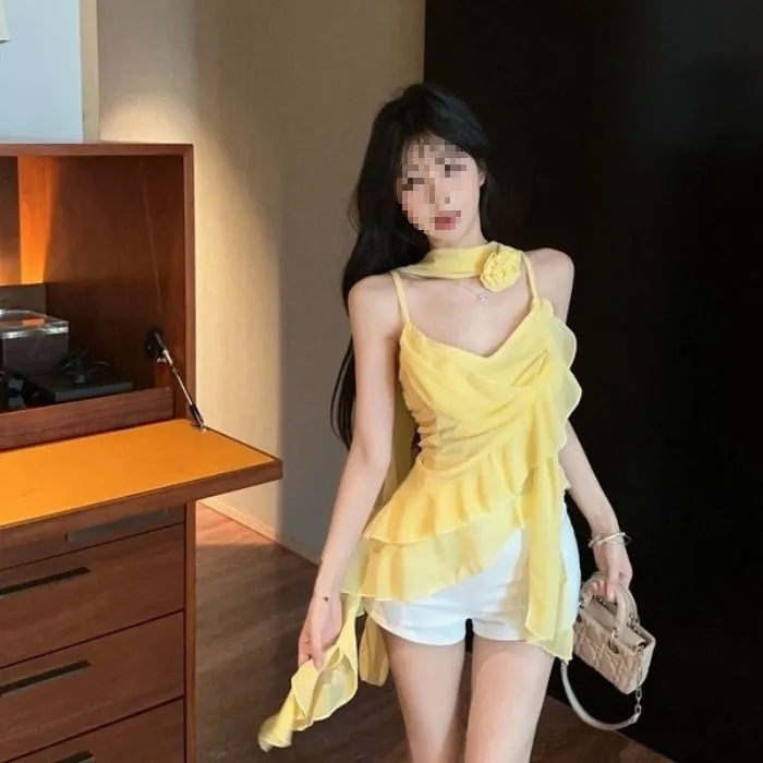 夏季新款黄色立体花朵飘带荷叶边吊带背心夏纯欲温柔绝美上衣女
