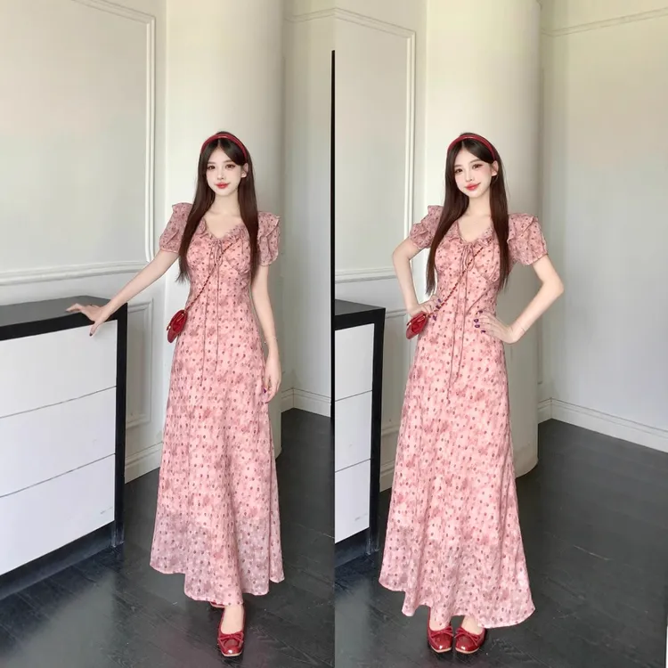 2025年夏季法式气质收腰显瘦扎染粉色波点中长款温婉荷叶边连衣裙