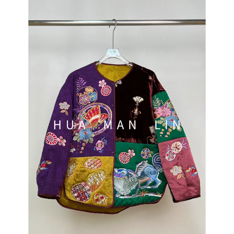 【花满林】圆领正门襟钉珠拼接真丝桑蚕丝加厚外套257548