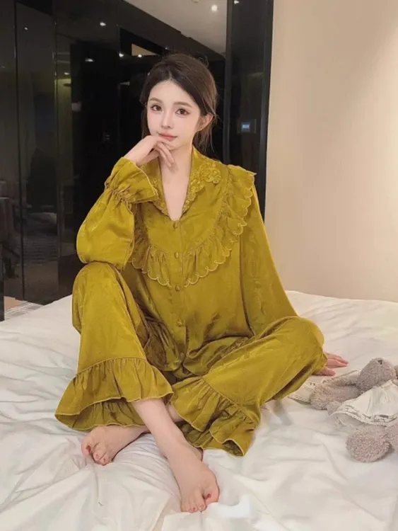 2025新款法式宫廷公主风睡衣女高级感花边提花长袖长裤家居服套装