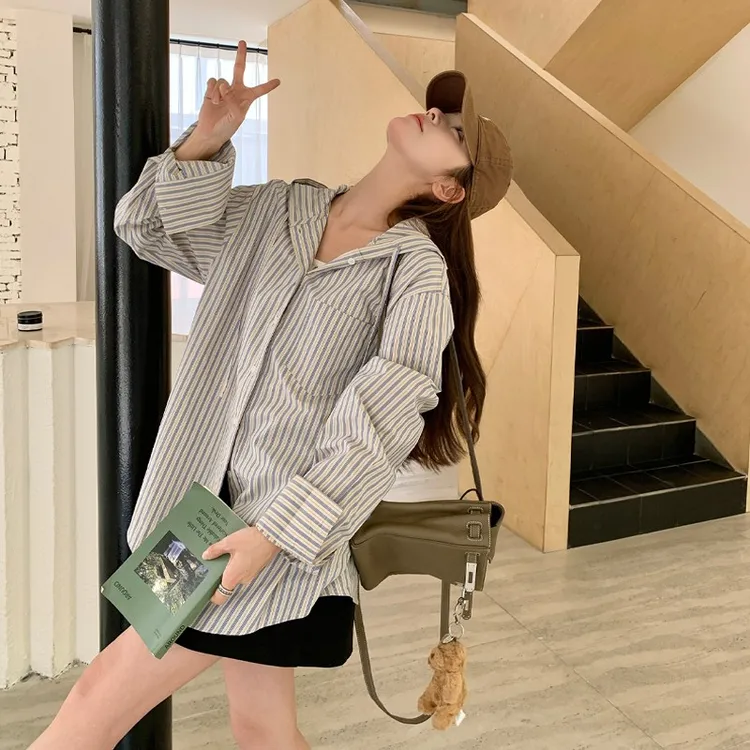 韩式覆古条纹连帽长袖衬衫女2025年秋季新款设计感小众简约连帽衫