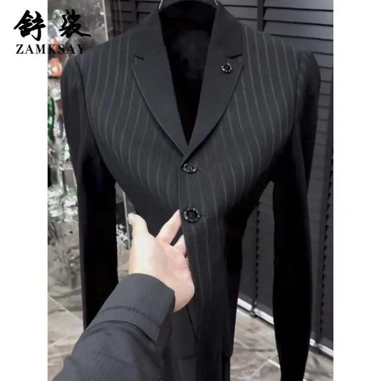 高级感男士春秋季条纹针织西服外套高品质时尚百搭商务欧货帅气