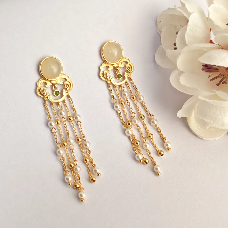 吴越老银铺 925银仿珍珠耳饰 925银流苏耳环国风民族风优雅百搭