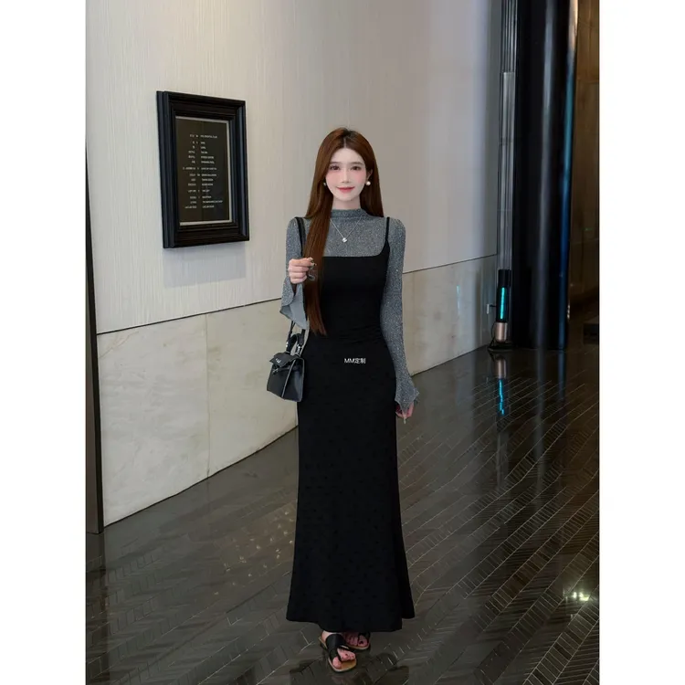 【萌萌家定制】黑色裙子公主裙爆款茶歇裙少女秋冬感假袖连衣裙A493