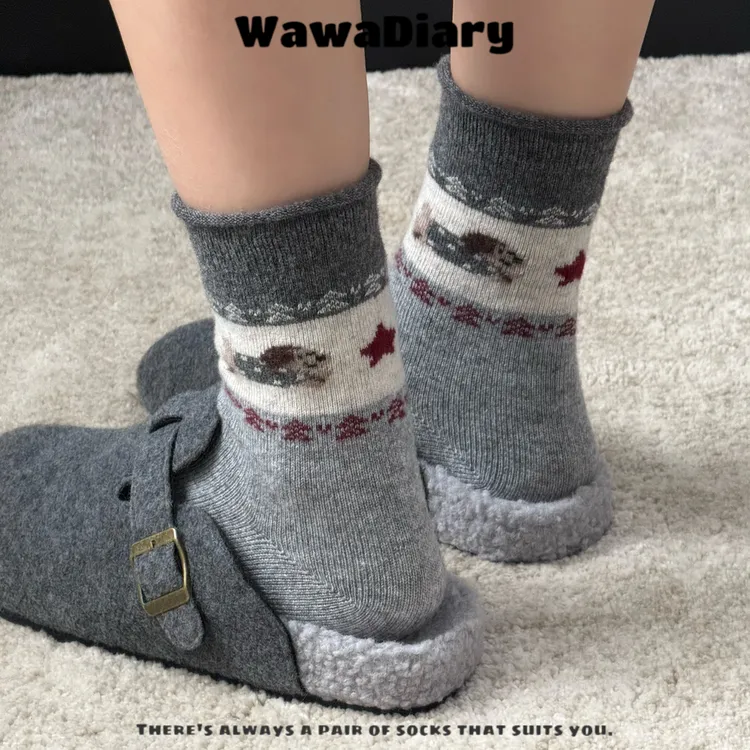 秋冬费尔岛卡通无骨羊毛加厚保暖植绒日系复古小狗卷边堆堆袜
