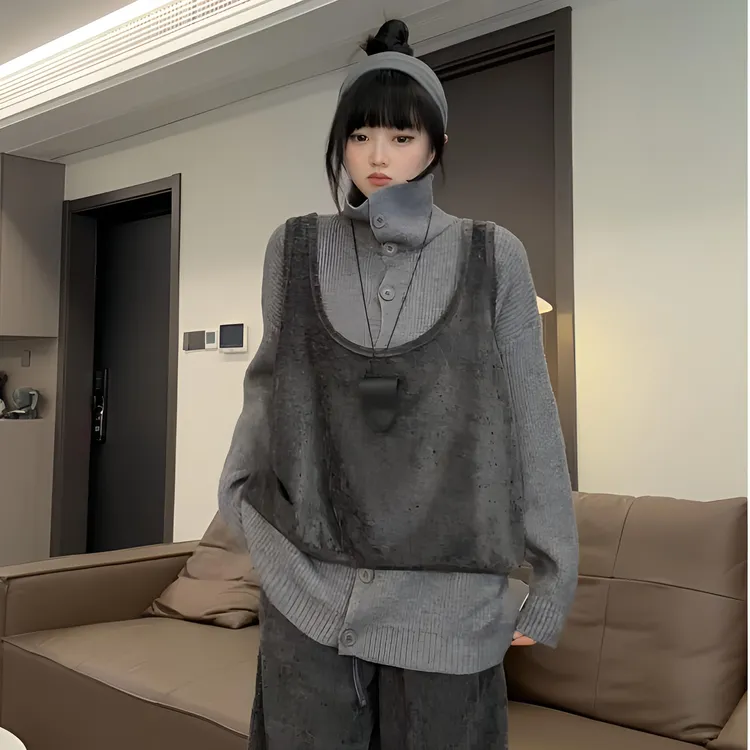 倪不叶【雪尼尔黑灰静奢套装】时尚百搭复古宽松通勤
