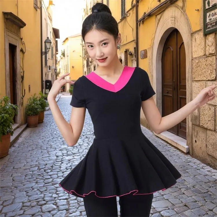 广场舞跳舞服装新款上衣莫代尔练功服拉丁舞成人舞蹈衣服短袖V领