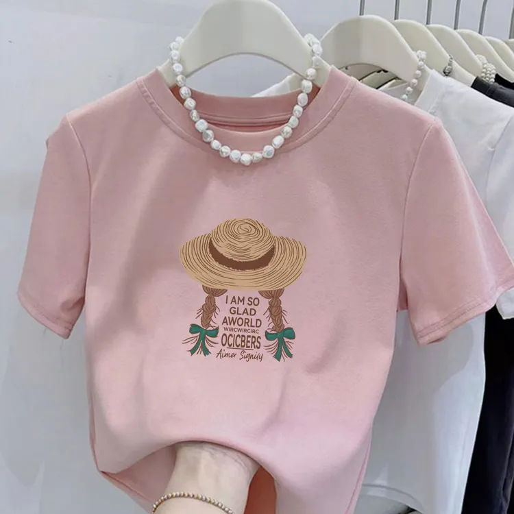 纯棉圆领英文双马尾编织帽印花短袖小个子女修身显瘦洋气衣服女