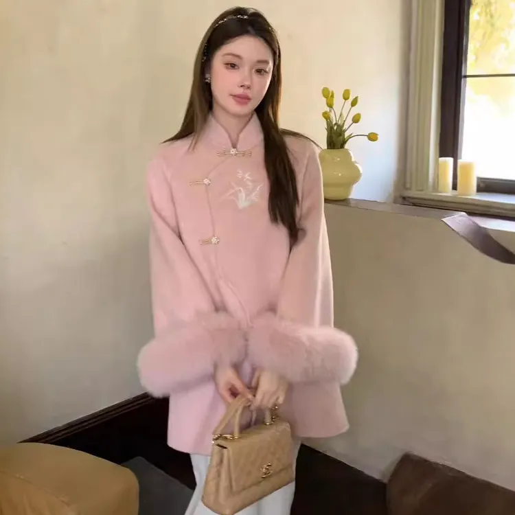 新中式国风刺绣双面羊毛大衣女2025新款狐狸袖毛古典气质毛呢外套
