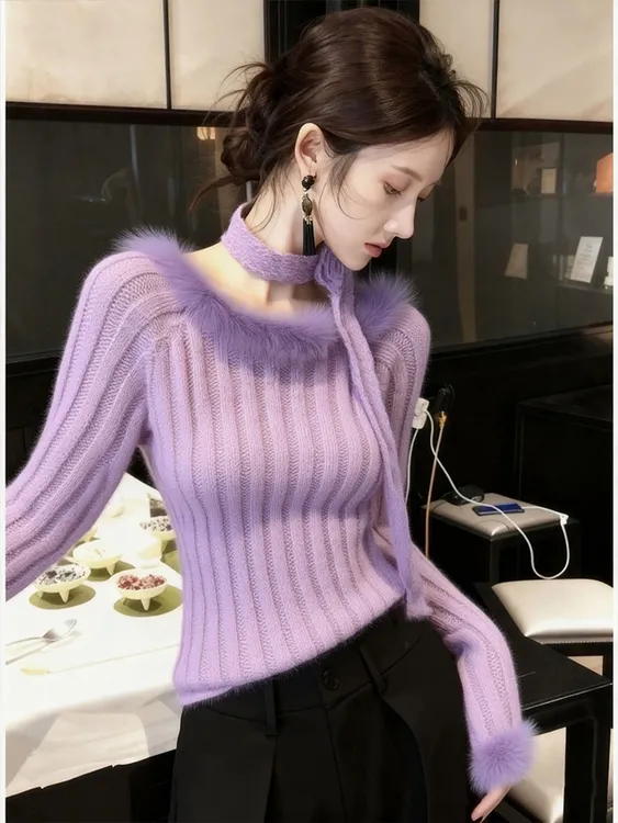 2025秋冬季新款韩系针织衫女可外穿内搭独特漂亮上衣保暖紫色毛衣