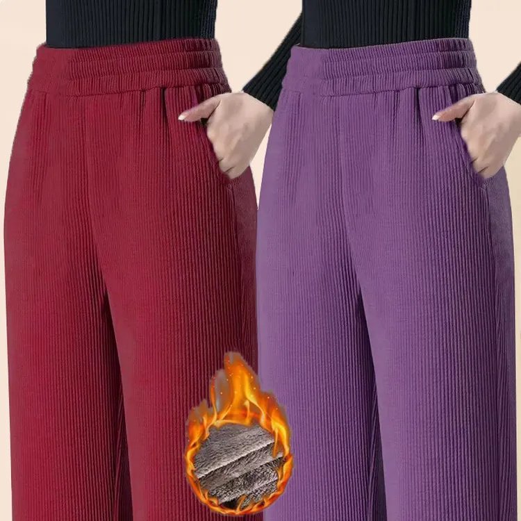 妈妈加绒加厚外穿保暖灯芯绒阔腿裤秋冬款高腰宽松直筒休闲裤条绒