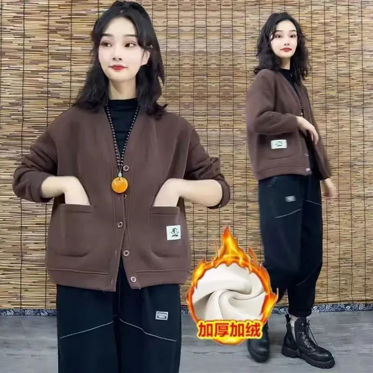 秋冬百搭加绒V领常规厚款常规款/长袖纯色卫衣加厚洋气休闲女装