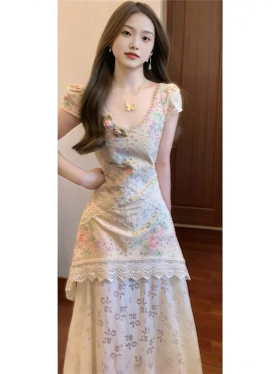 大码胖mm夏日绝美多巴胺小裙复古独特超好看假两件碎花连衣裙长裙