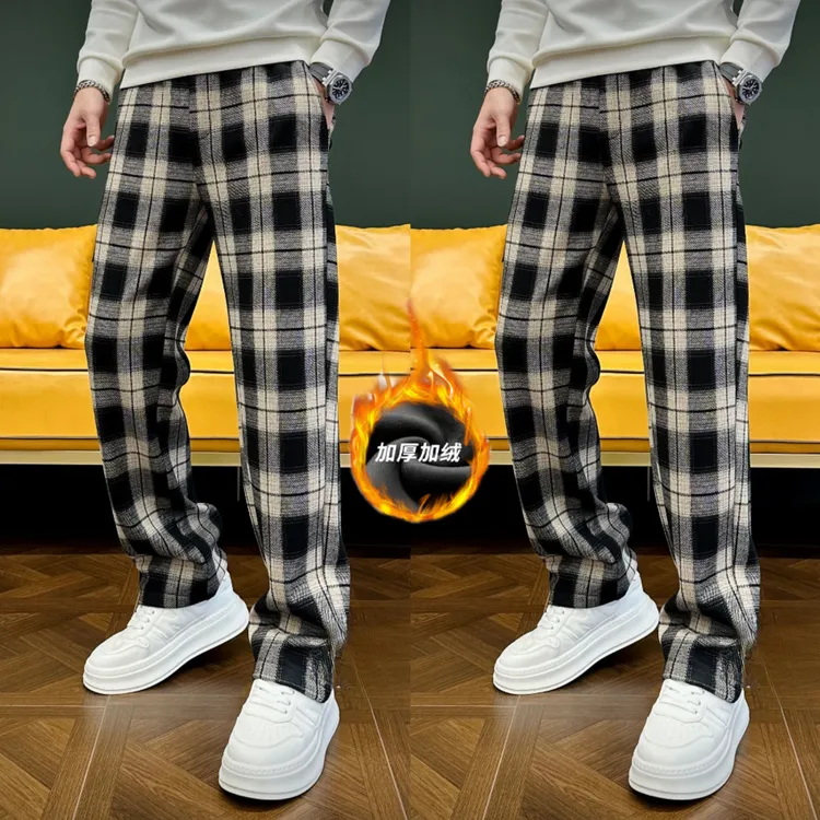高端格子加绒加厚直筒裤男士秋冬2025新款潮流百搭休闲裤弹力长裤