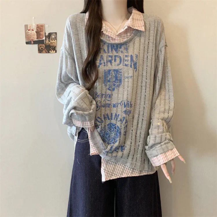 大码胖mm美式POLO领假两件字母印花长袖T恤女秋遮肚正肩宽松上衣