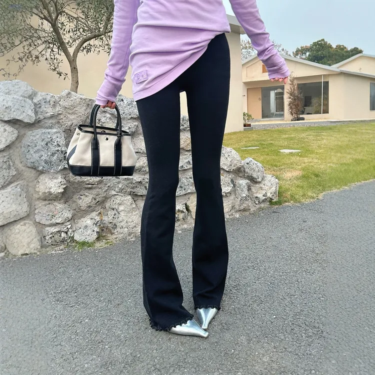 REREK设计师品牌松紧腰弹力修身羊毛微喇针织裤R25D11230295