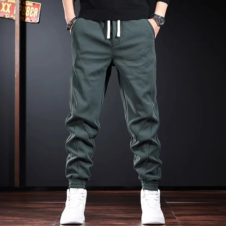 重磅休闲裤男秋冬款宽松潮流运动裤子束脚易打理绿色加绒哈伦卫裤
