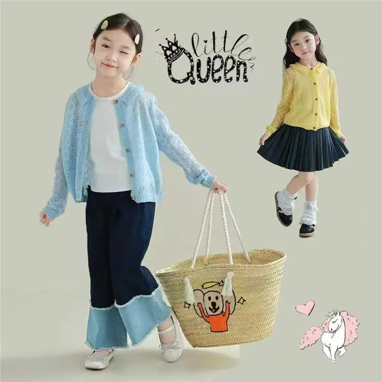 女童花边镂空毛衣开衫春季新款儿童洋气上装薄款针织外套宝宝外搭