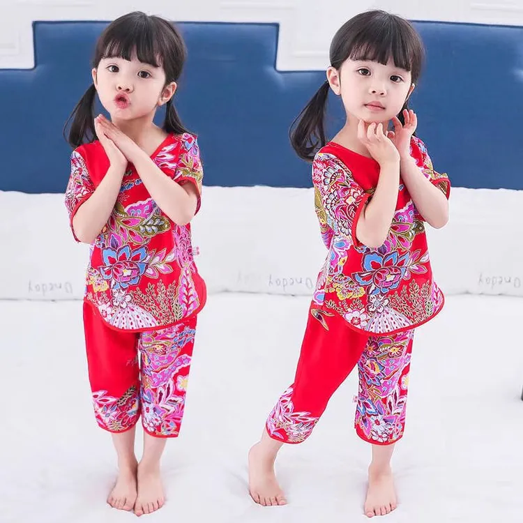 儿童套装女童夏季女孩唐装中国风东北大花儿童短袖棉绸