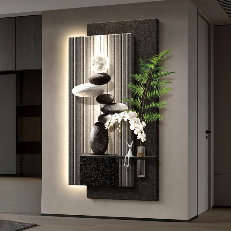 《石来运转》现代轻奢玄关装饰画走廊过道挂画砂岩水培绿植入户壁画