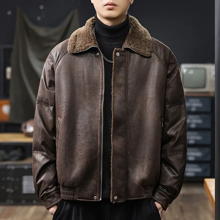 德系复古皮衣外套男高端品质棉袄户外机车夹克冬季棉衣肌理感棉服