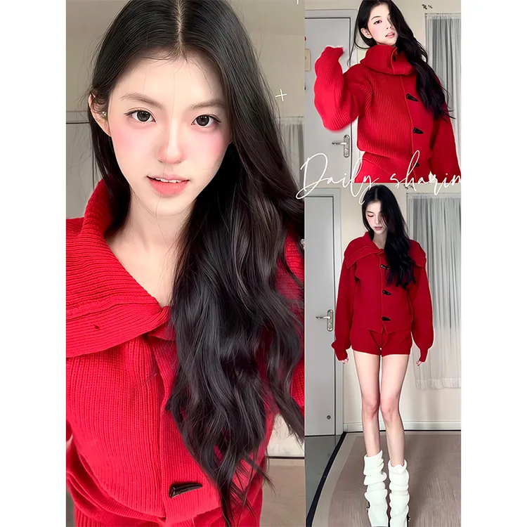 红色长袖针织毛衣女开衫外套上衣2026秋冬气质高腰显瘦休闲短裤