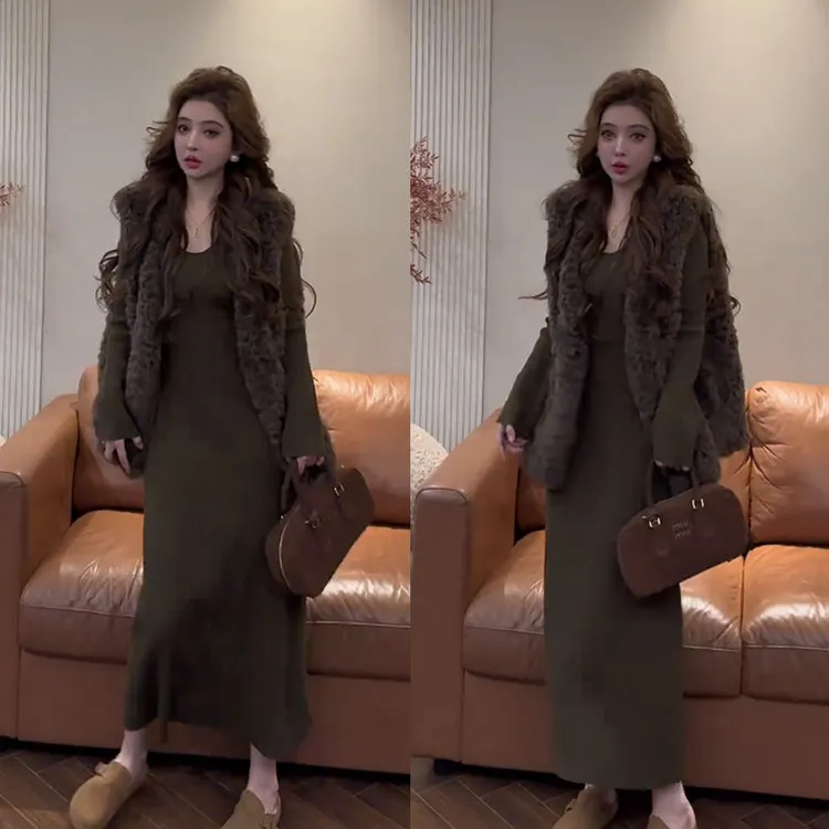 秋冬时尚一整套女装2025新款毛茸茸马甲百搭针织内搭连衣裙两件套
