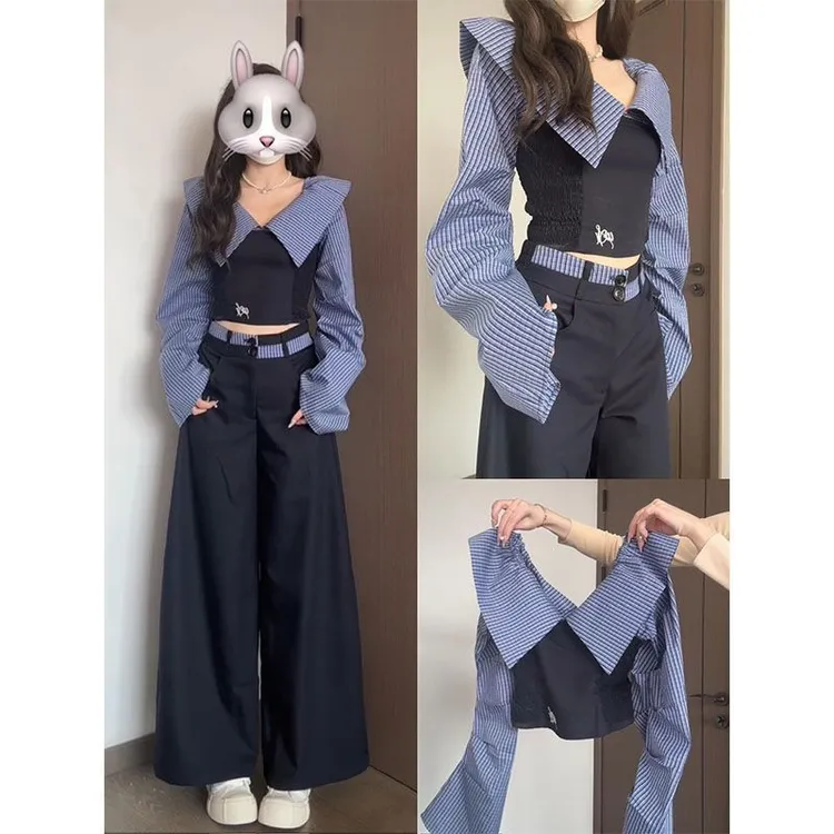 韩系辣妹一整套2025秋季新款设计感一字肩上衣休闲阔腿裤两件套装