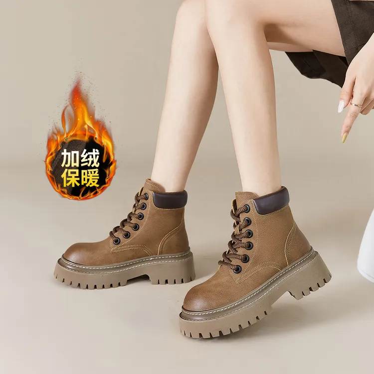 华耐靴子女短靴厚底百搭休闲工装靴女靴复古大黄靴保暖加绒马丁靴