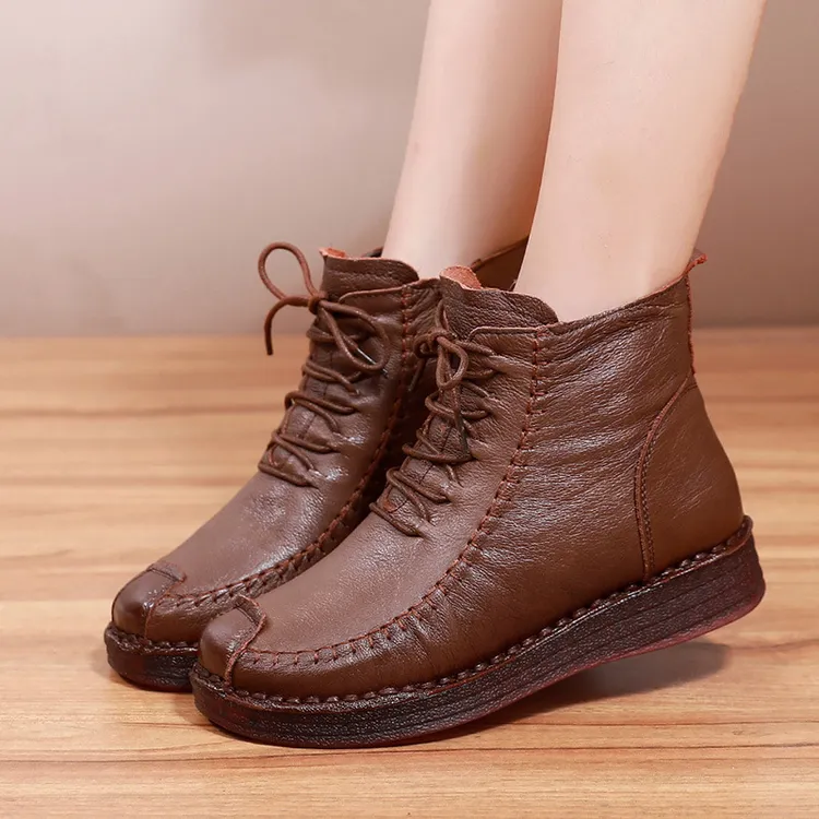 牛筋防滑软底妈妈棉鞋百搭平跟厚底手工复古女士真皮冬季加绒短靴