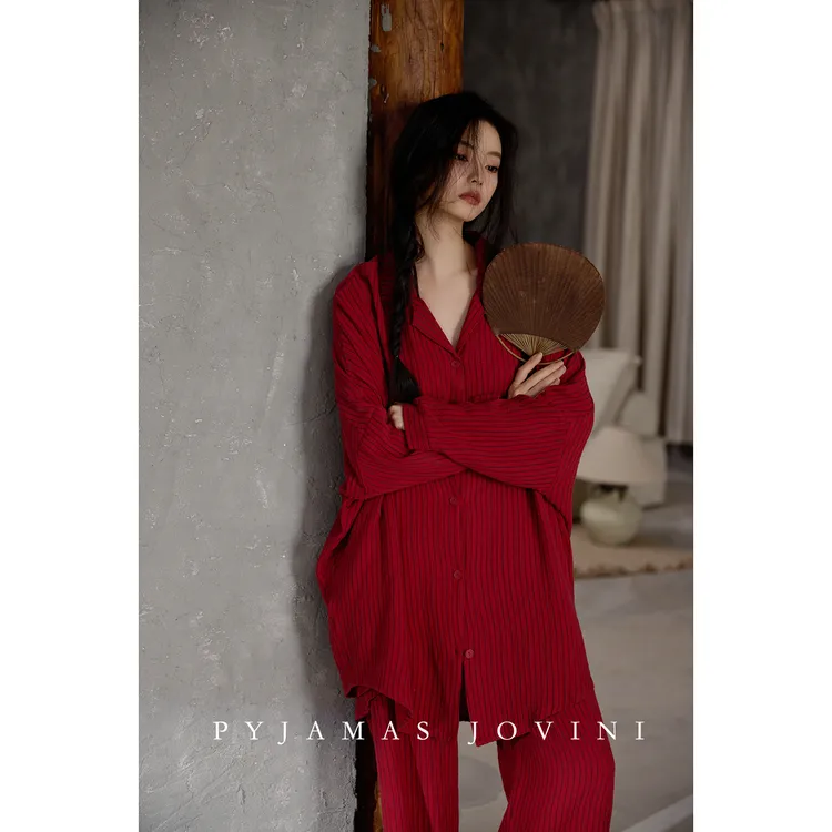 俏薇妮睡衣女春秋款本命年马红色纯棉纱布婴儿棉大码条纹结婚套装