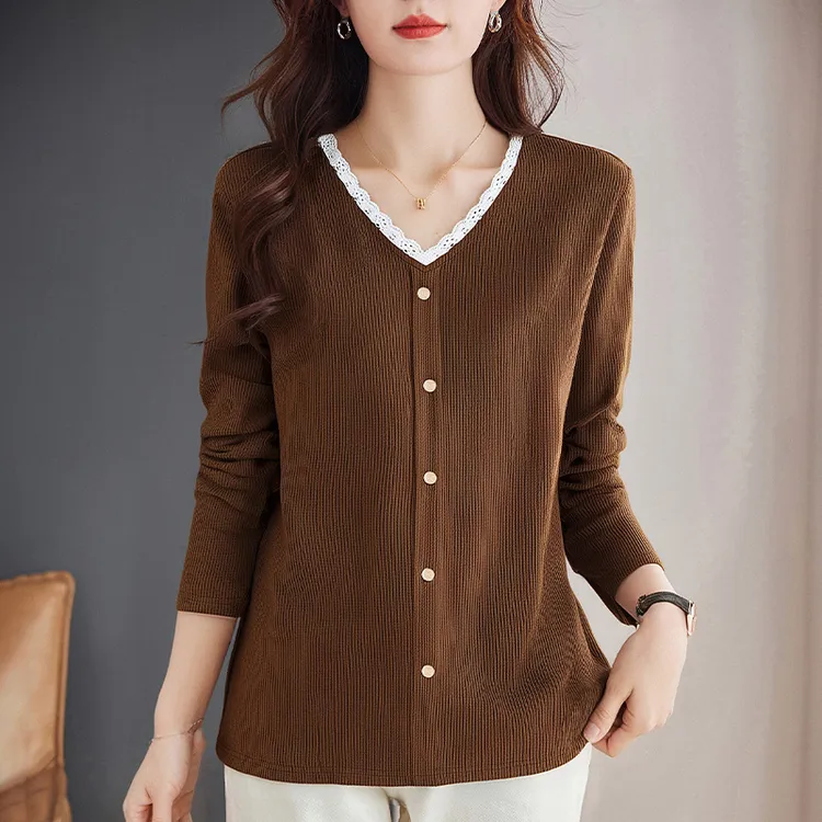 秋季薄款针织t恤女新款宽松遮肚子显瘦V领上衣2026大码长袖打底衫