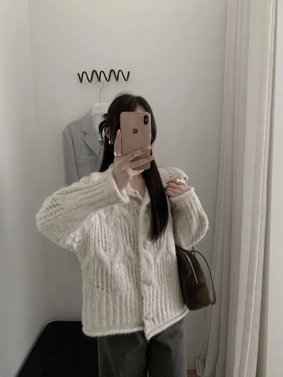 polo翻领针织开衫毛衣外套女2025秋冬宽松慵懒风毛衣开衫外套女