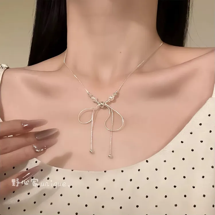 铜合金吊坠 【少女情结】超仙蝴蝶结珍珠项链小众设计choker锁骨链