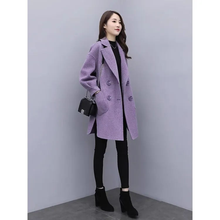 韩版小个子紫色毛呢外套女2025年秋冬新款中长款灯笼袖呢子大衣女