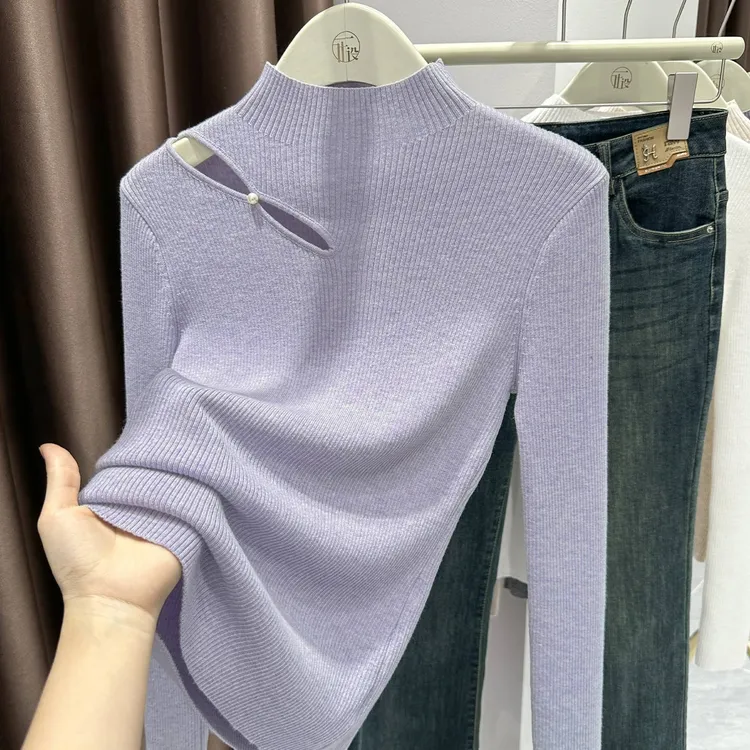 紫色高级感修身针织上衣打底衫爆2025秋冬气质绝美半高领长袖T恤