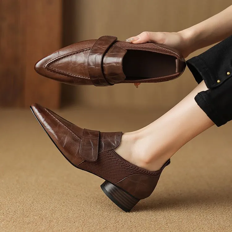 法式休闲~3cm百搭牛皮尖头低跟深口单鞋女真皮松紧口粗跟乐福鞋女