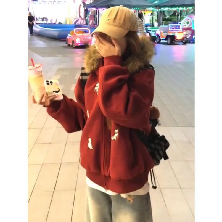 美式腊肠狗刺绣可拆卸毛领卫衣外套女秋冬季新款休闲简约加绒上衣