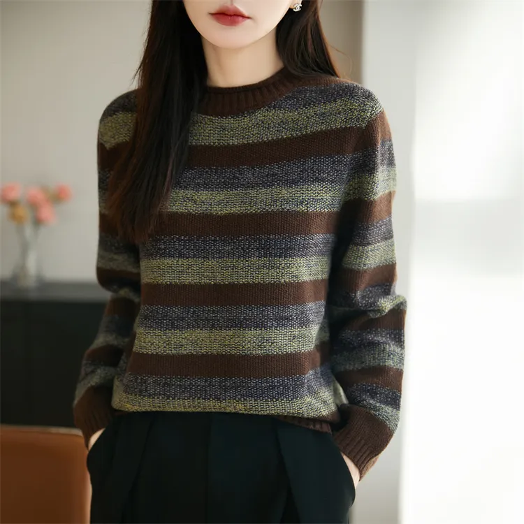 品牌撤柜法式复古条纹羊毛针织衫女长袖2025新款高级感加厚打底