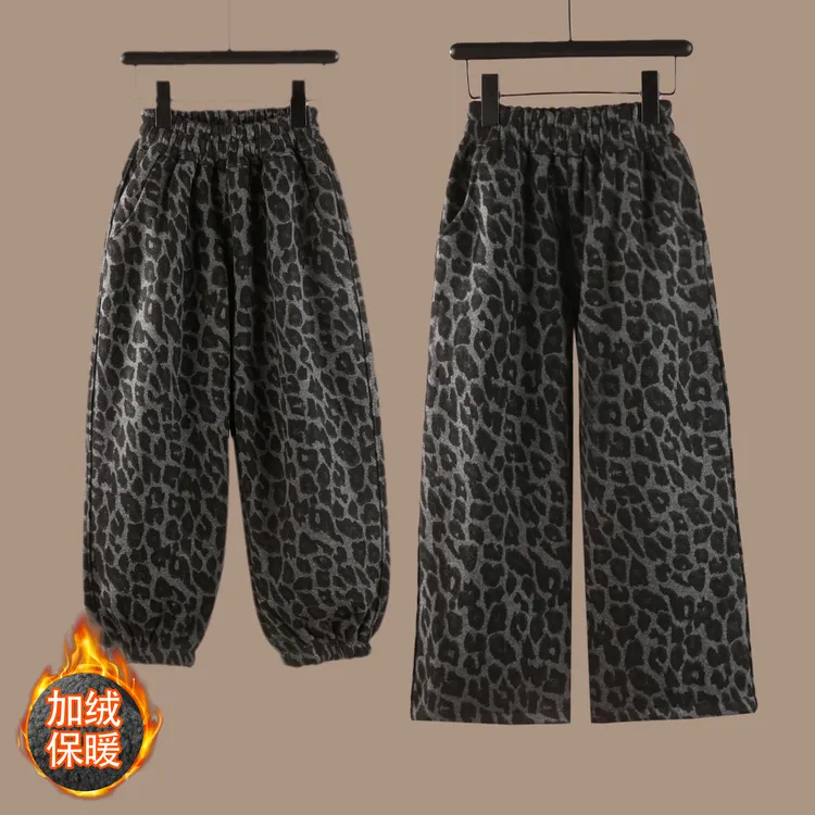 【豹火过冬】女童裤子豹纹直筒裤加绒加厚羊羔毛一体绒束脚裤长裤女