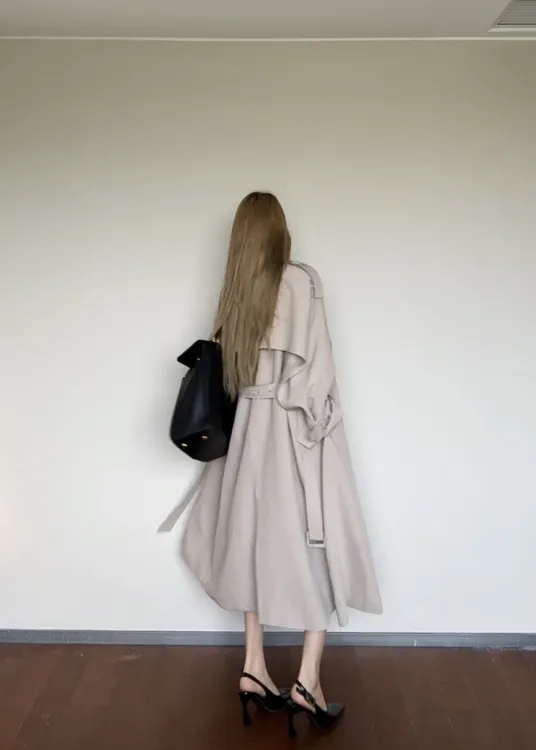 风衣外套女2025重工早秋高级廓形大翻领双排扣长款气质卡其色大衣