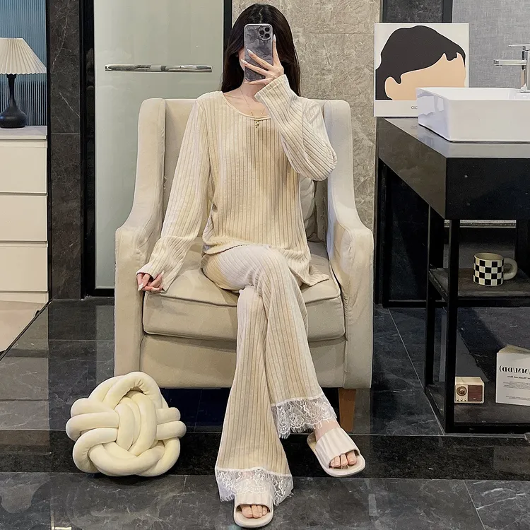 秋冬季新款睡衣女加厚保暖羊毛绒纯色长袖甜美学生家居服蕾丝套装