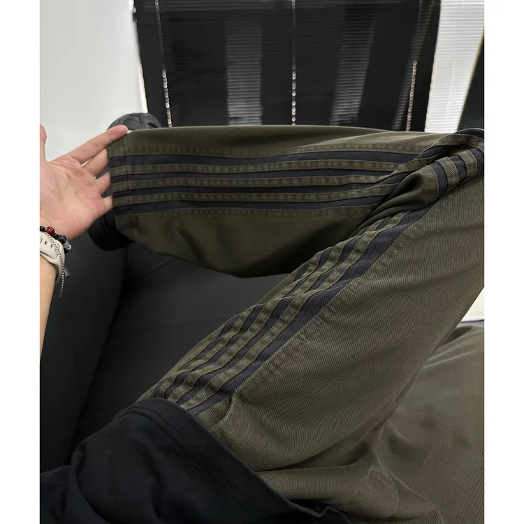 美式复古绿色条纹裤子男夏季高街直筒军绿色工装裤潮牌休闲运动裤