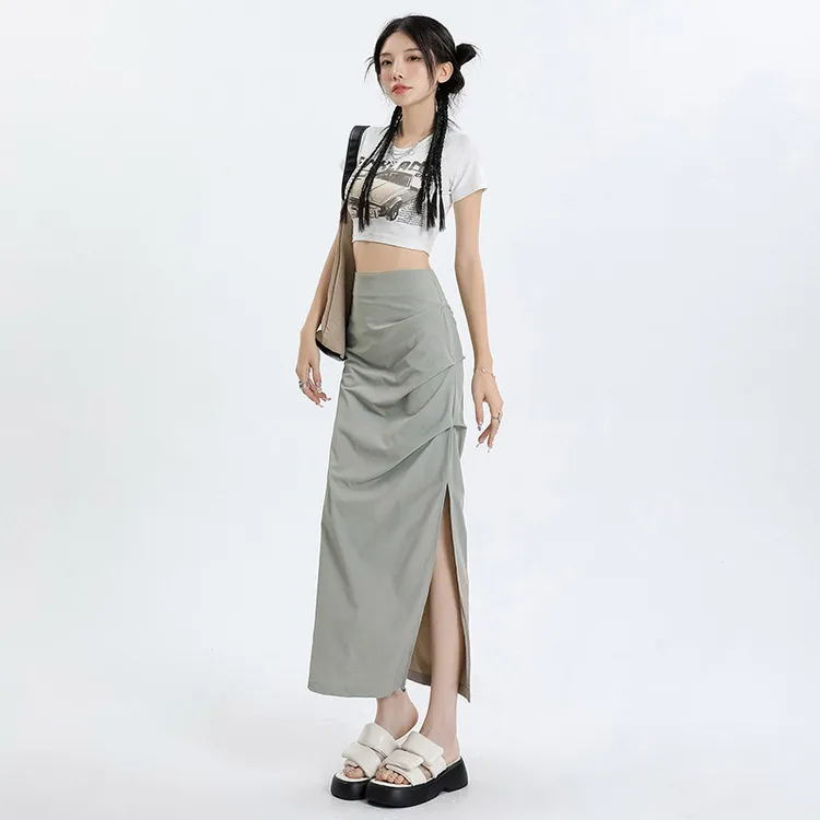 billkong辣妹褶皱开叉工装裙夏季薄款腰显瘦a字包臀百搭半身裙女