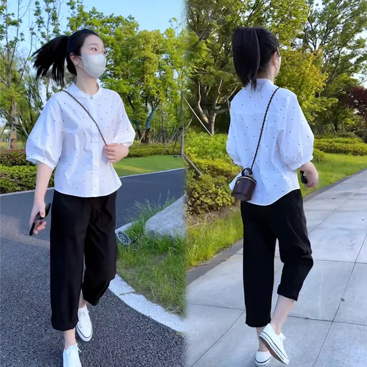 今年流行爆款套装韩系冷淡风盐系穿搭女装白色波点衬衫裤子两件套