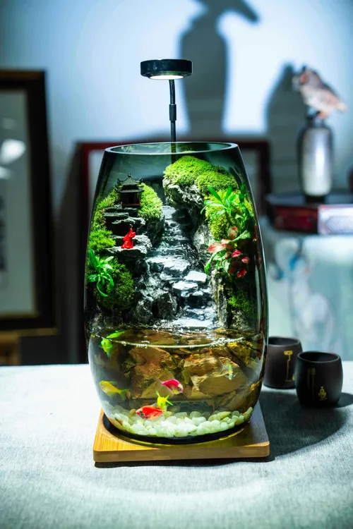 九天纯手工加大缸办公桌茶室玄关摆件带流水生态景观真石头真绿植