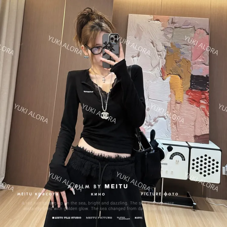 【LLU李】假两件蕾丝拼接长袖小性感打底衫显瘦修身辣妹黑色t恤上衣