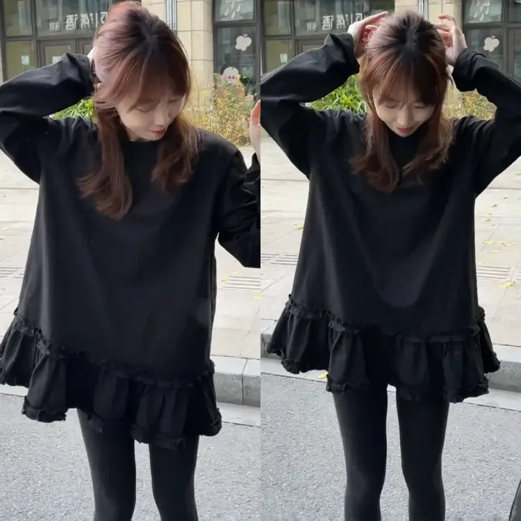 大码2025春季新款今年流行花边下摆圆领T恤女洋气时尚宽松打底衫